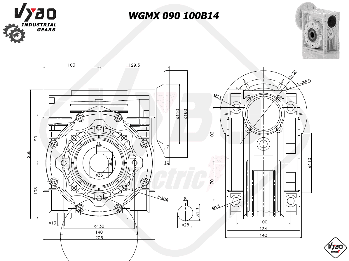 rozměry šneková převodovka WGMX090 100B14