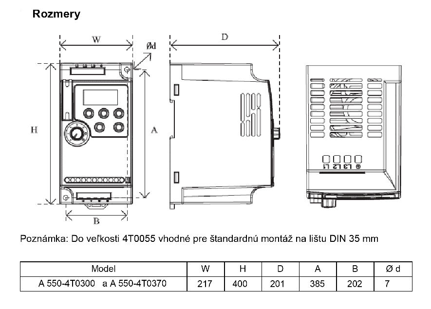 rozměry frekvenční měnič 30kw A550