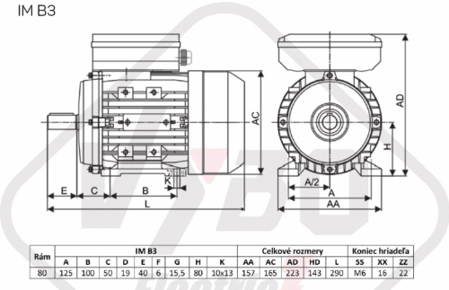rozměrový výkres jednofázový elektromotor 230V 0,55kw 1ALJ801-4