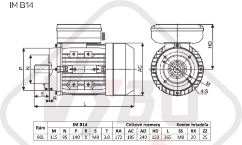 rozměrový výkres jednofázový elektromotor 230V 1,5kw 1ALJ90L1-2
