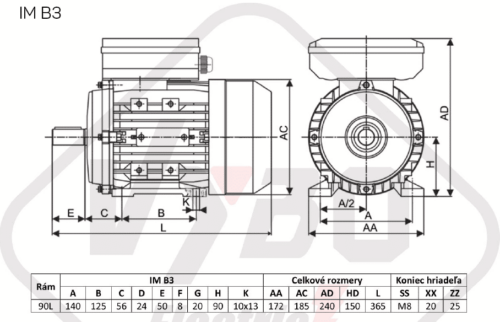 rozměrový výkres jednofázový elektromotor 230V 1,5kw 1ALJ90L1-2