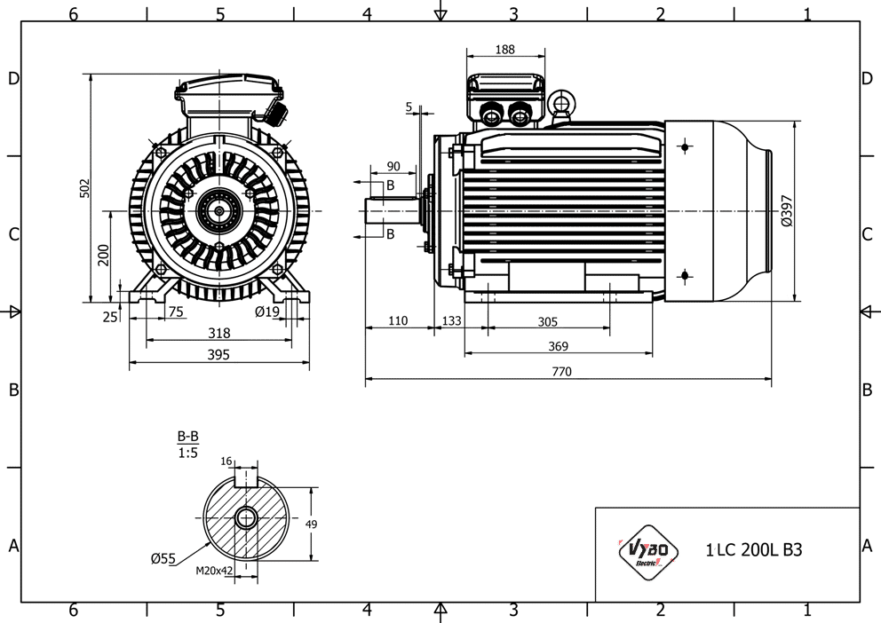 rozměrový výkres elektromotor 22kw 1LC200L-6 B3