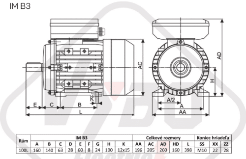 rozměrový výkres jednofázový elektromotor 230V 3,0kw 1ALJ100L-2
