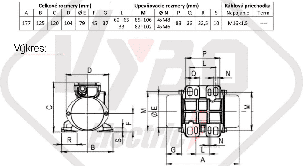 rozměrový výkres vibrační elektromotor BM95-3