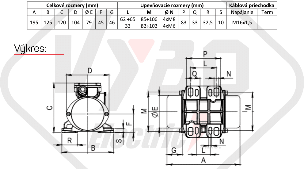 rozměrový výkres vibrační elektromotor BM25-15