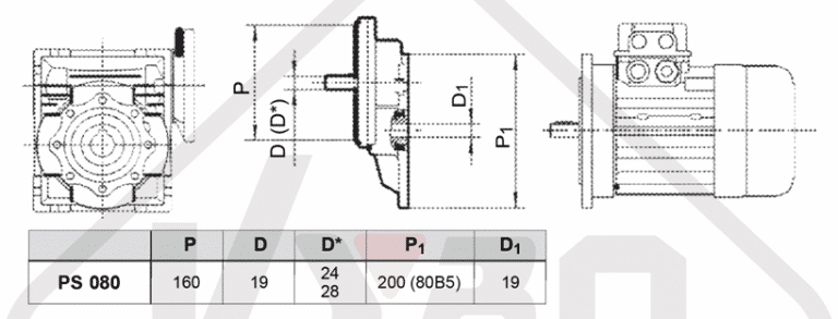 rozměrový výkres čelní mezipřevodovka PS080